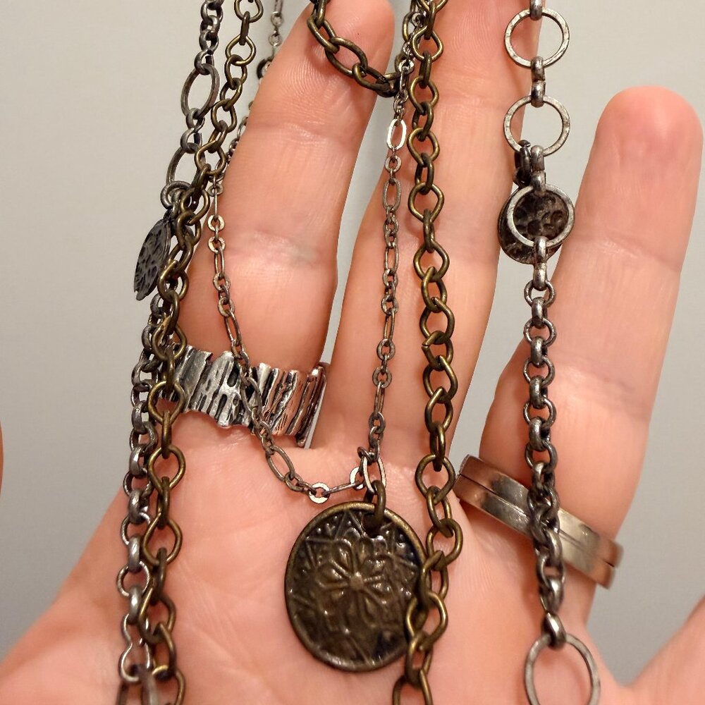 Vintage Layered Metal Multi Chain Coin Charm Statement Necklace Grunge Boho